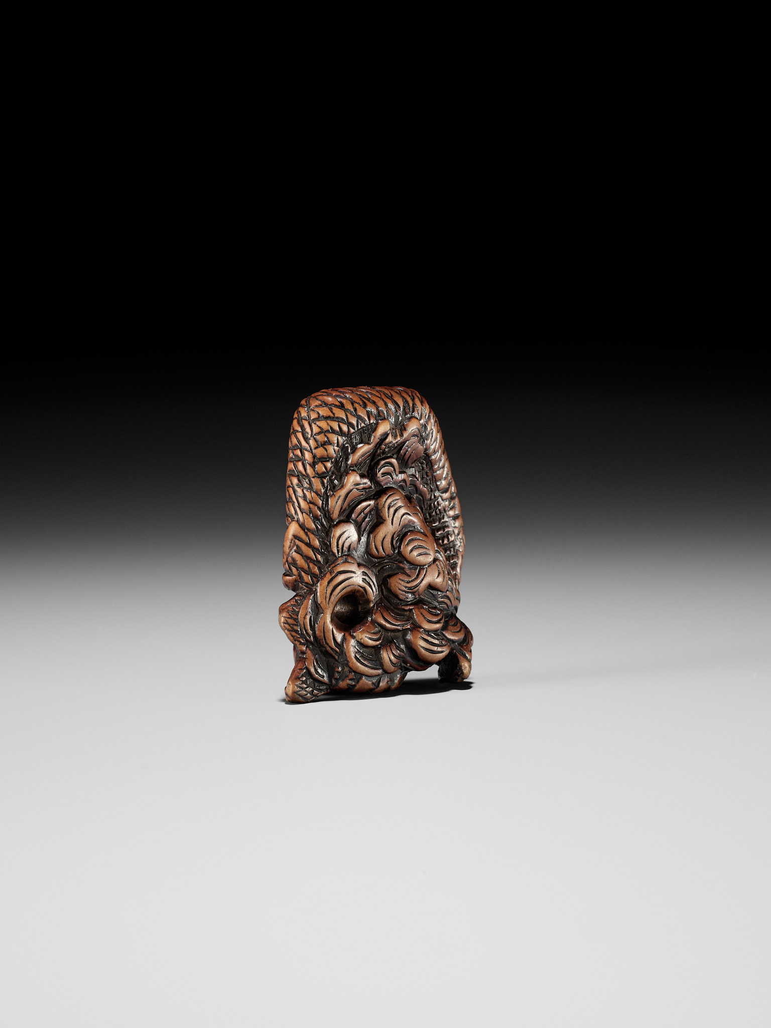 A POWERFUL WOOD NETSUKE OF A COILED DRAGON - Image 5 of 8
