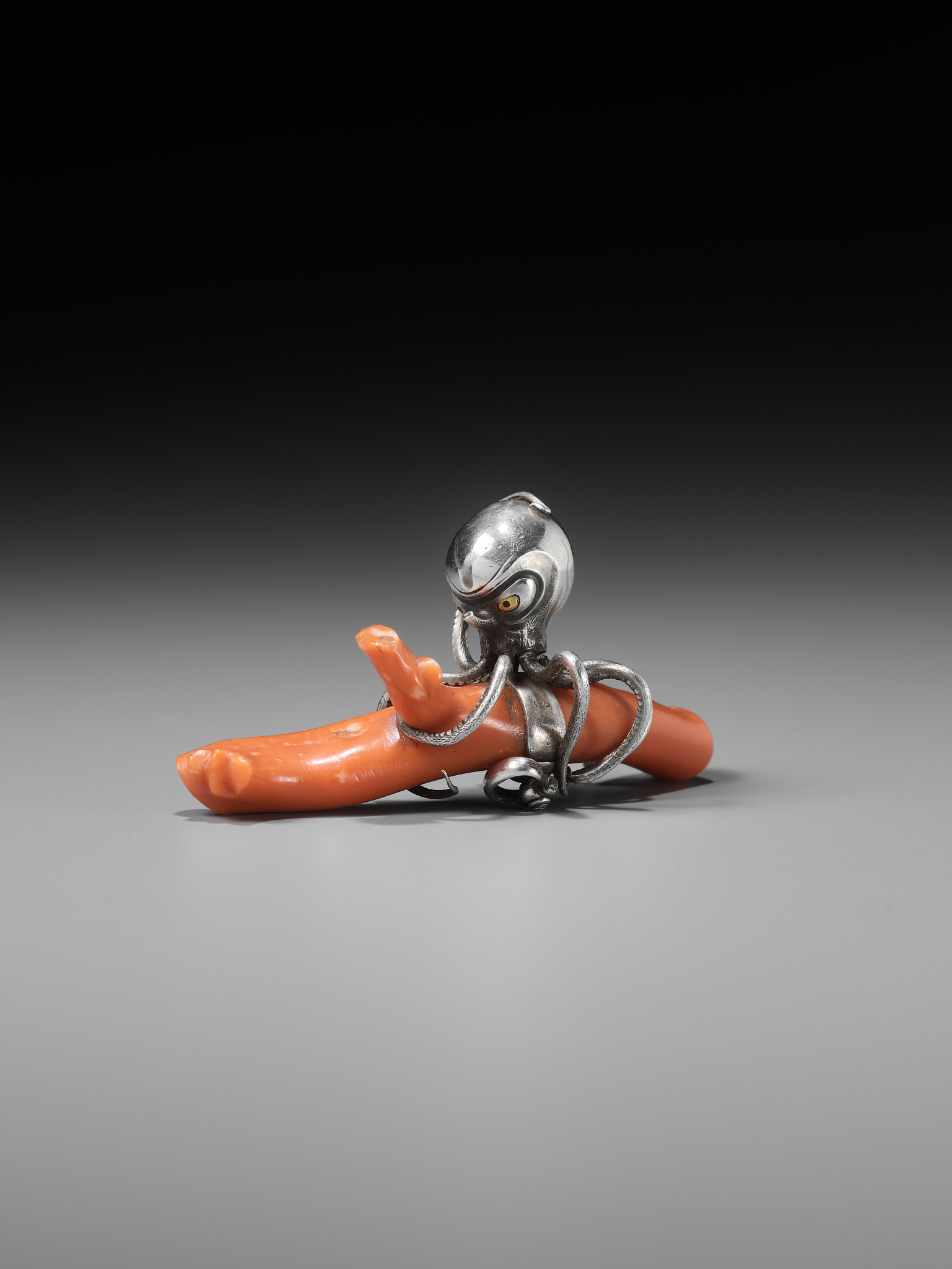 MINKOKU: A LARGE SILVER NETSUKE OF AN OCTOPUS GRASPING A PIECE OF CORAL - Image 6 of 14