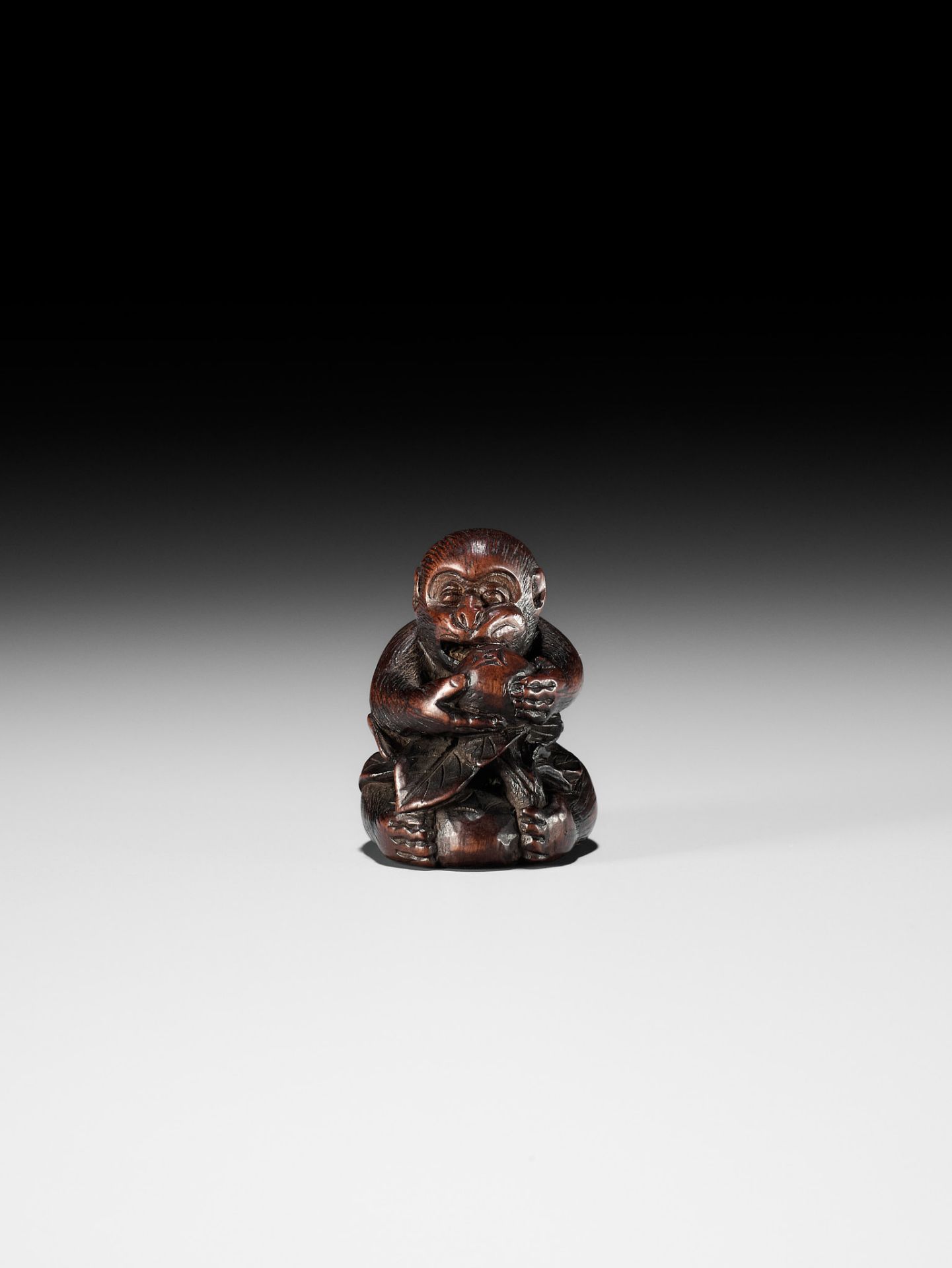 BUNCHO: A FINE WOOD NETSUKE OF A MONKEY EATING PERSIMMONS - Bild 2 aus 12