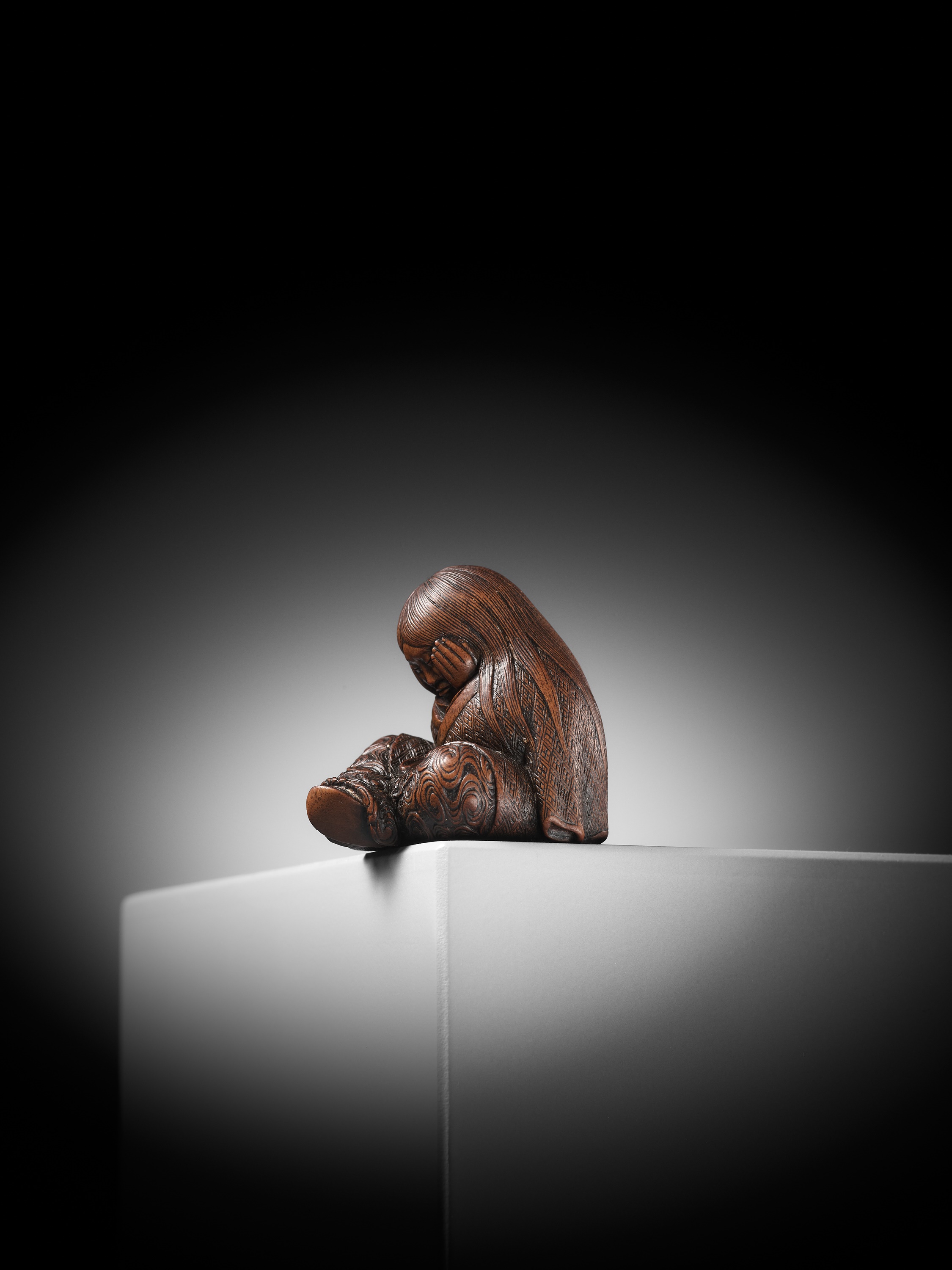 TADATOSHI: A SUPERB NAGOYA SCHOOL WOOD NETSUKE OF A SLEEPING SHOJO - Image 3 of 13