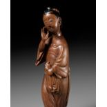 A SUPERB AND LARGE WOOD NETSUKE OF A CHINESE BEAUTY