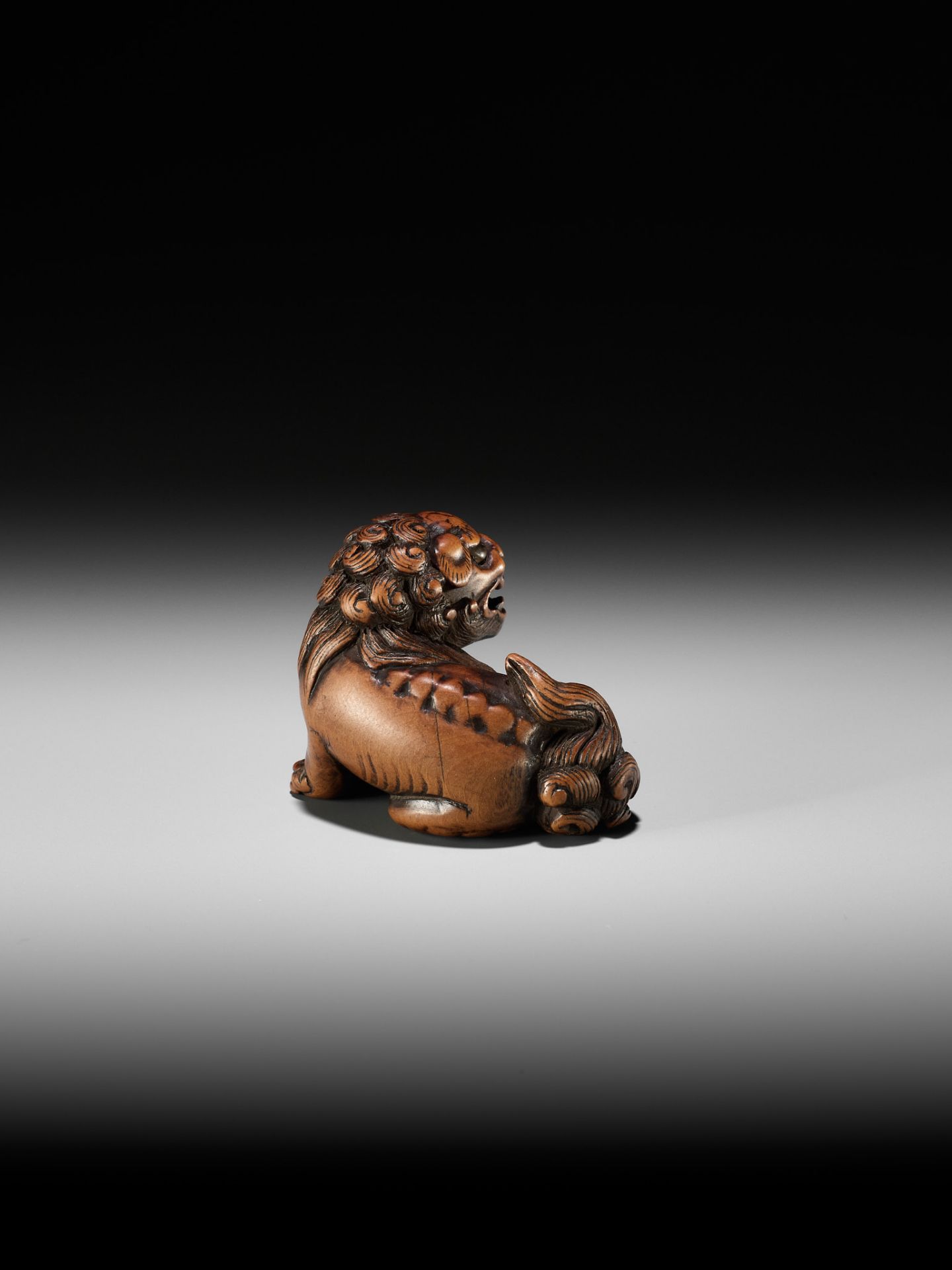 A FINE TANBA SCHOOL WOOD NETSUKE OF A SHISHI WITH YOUNG - Image 6 of 10