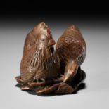 KAIGYOKUDO MASATERU: A SUPERB WOOD NETSUKE OF A COCKEREL AND A HEN