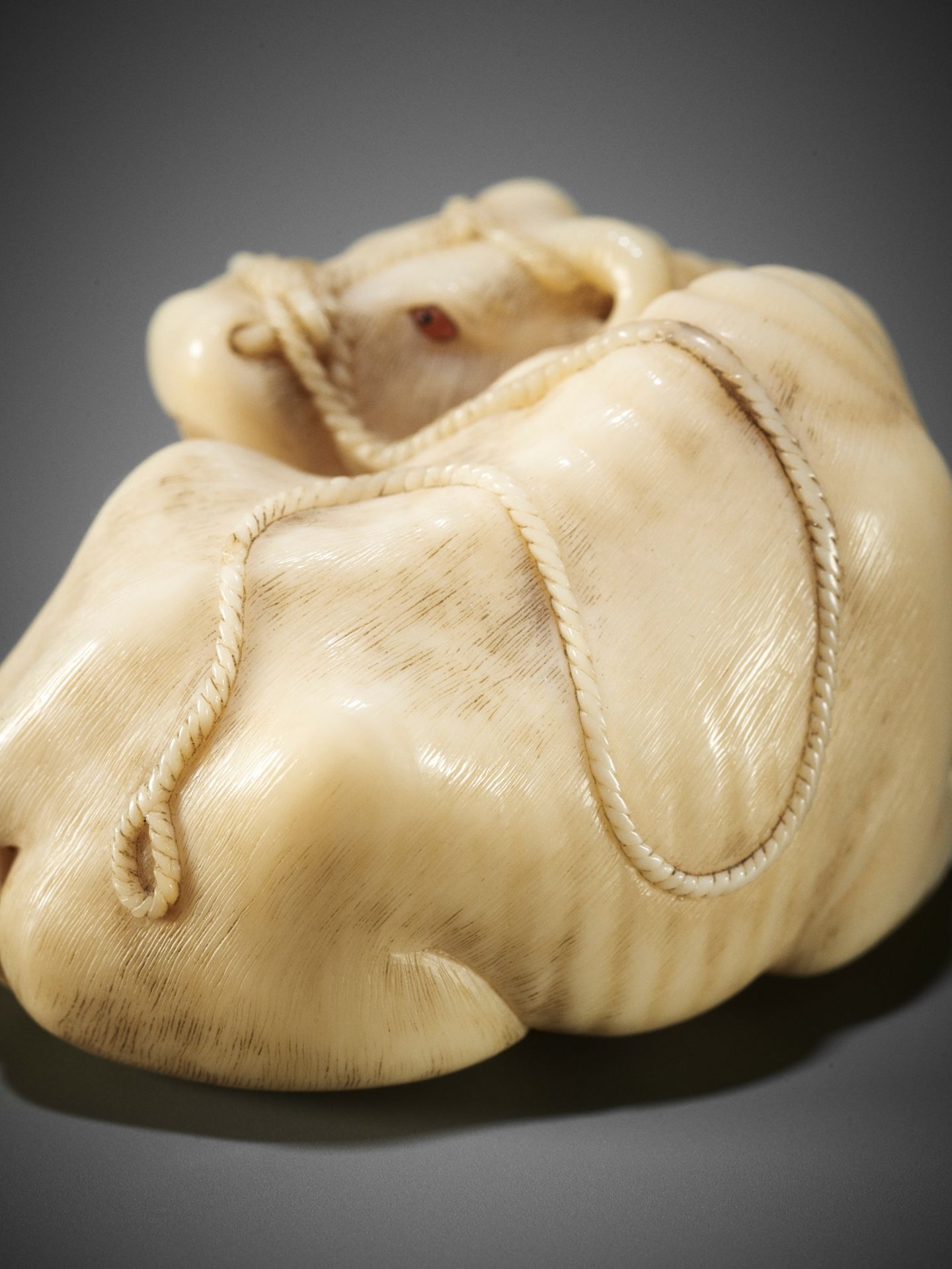 KAIGYOKUSAI MASATSUGU: A MASTERFUL AND IMPORTANT IVORY NETSUKE OF A RECUMBENT OX - Image 8 of 30