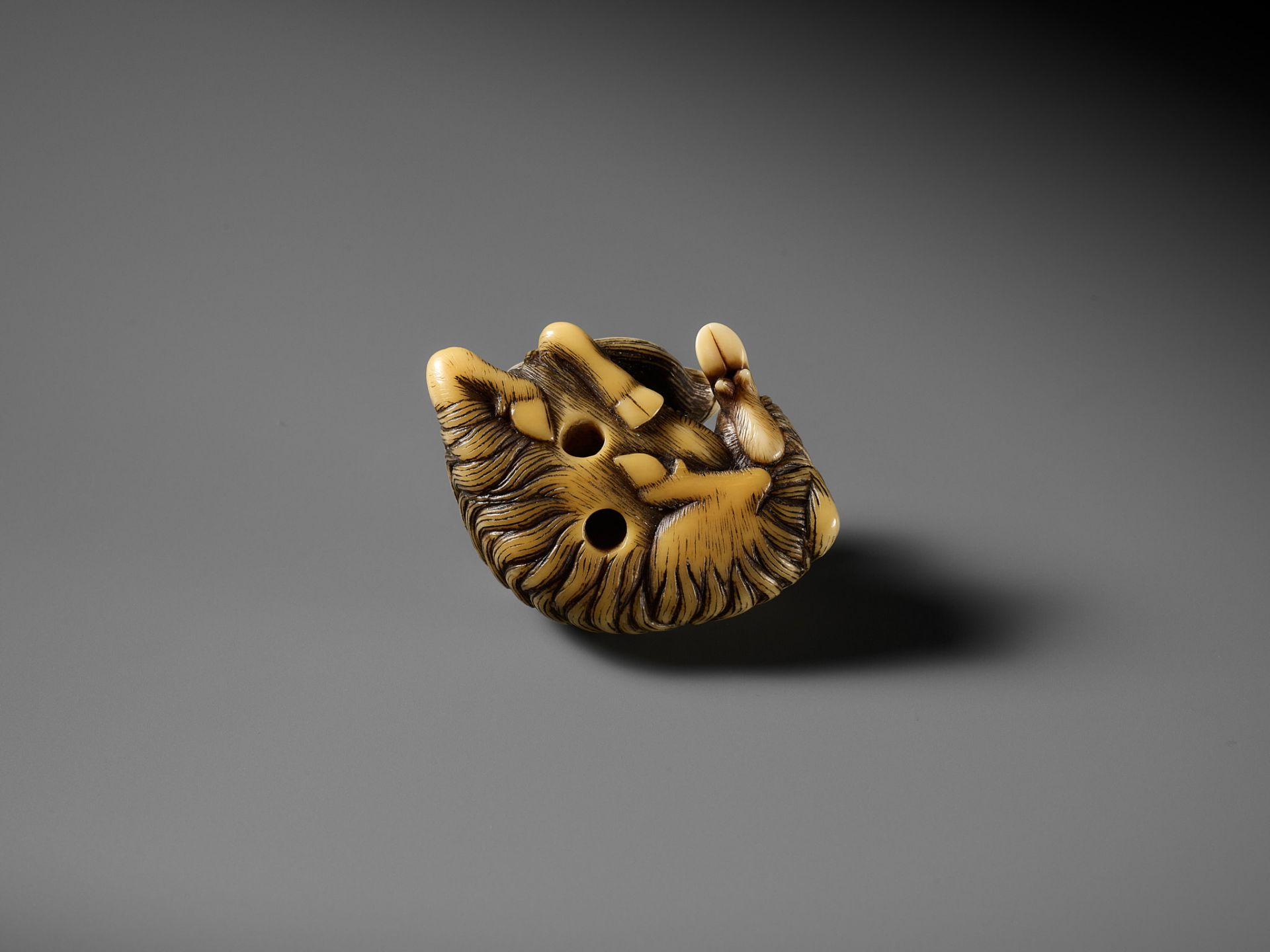 A FINE MARINE IVORY NETSUKE OF A RECLINING GOAT - Bild 3 aus 12