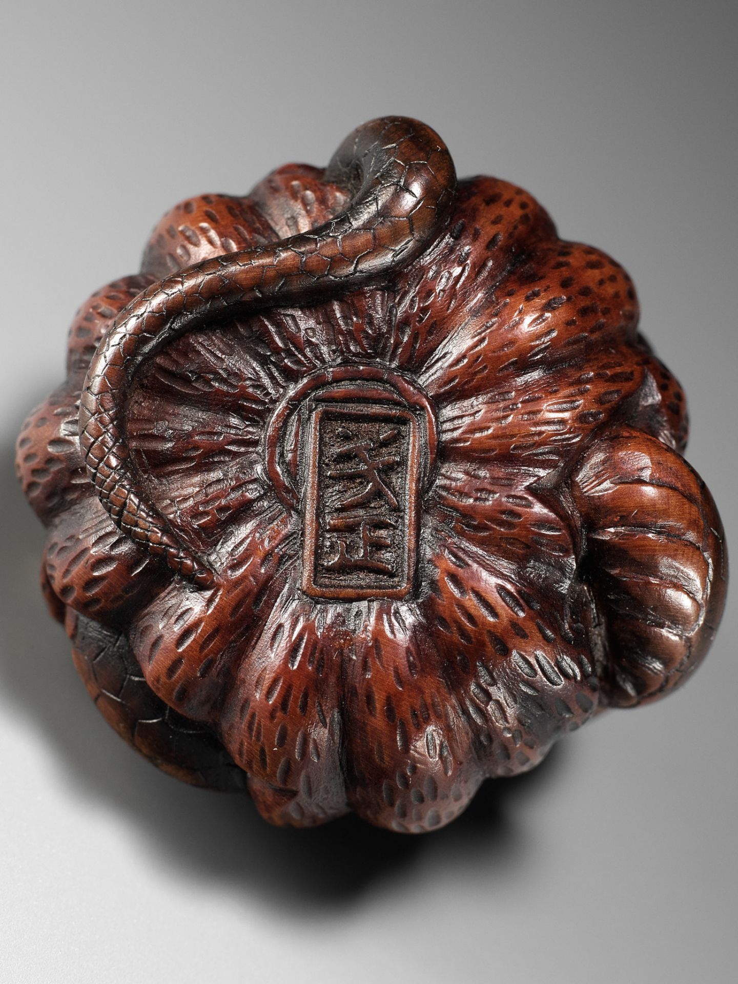 SHIGEMASA: A FINE NAGOYA SCHOOL WOOD NETSUKE OF SNAKE WINDING THROUGH A PUMPKIN - Image 11 of 11