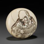 SUZUKI KOSAI: AN INLAID IVORY MANJU NETSUKE OF A RAKAN