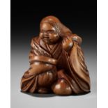 JOBUN: A VERY RARE WOOD NETSUKE OF OKAME WITH A SAKE SAUCER