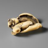 A FINE KYOTO SCHOOL IVORY NETSUKE OF A SQUIRREL ON MUSHROOM