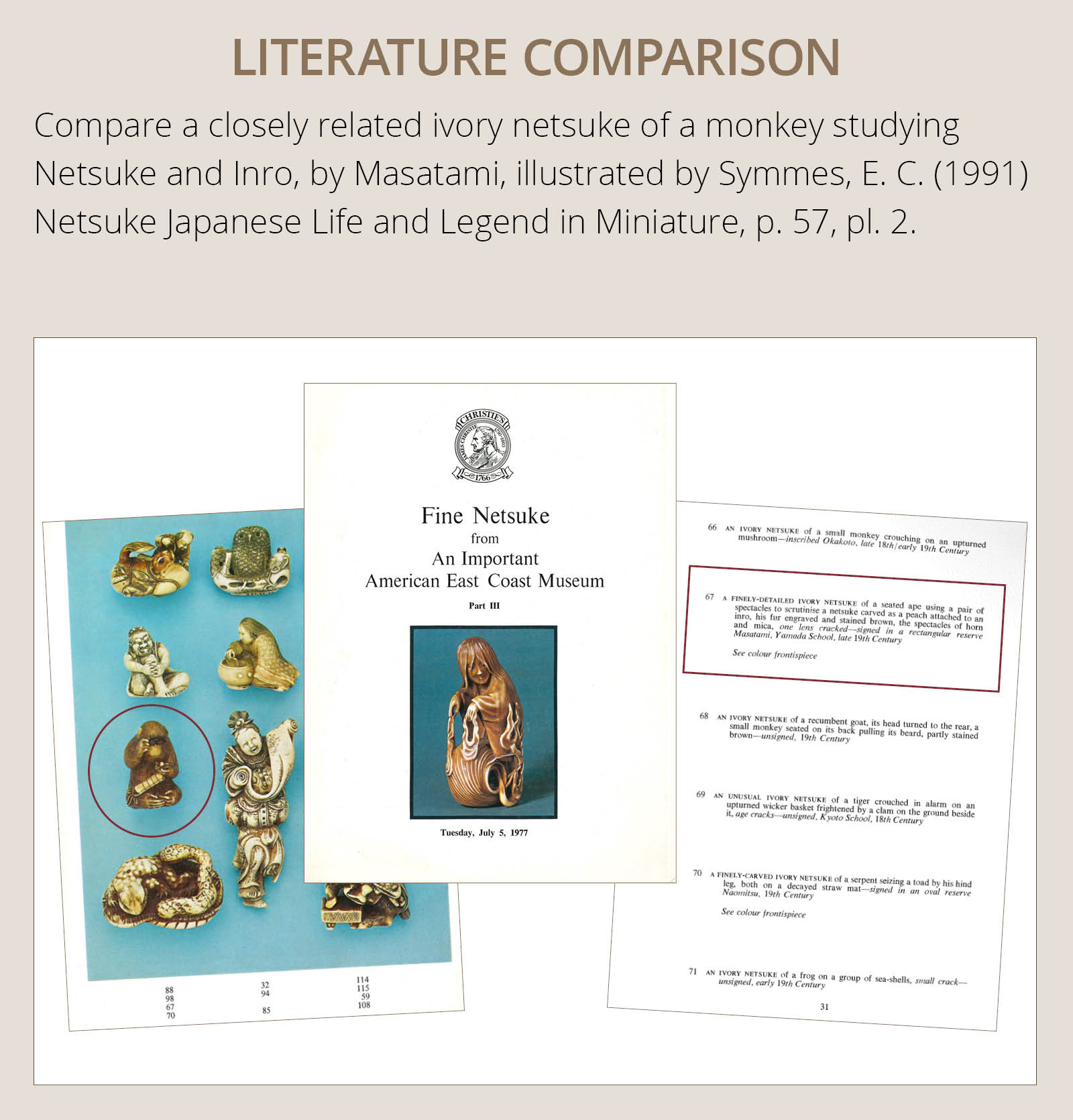 MASATOMO: AN AMUSING IVORY NETSUKE OF A SEATED MONKEY STUDYING A PEACH NETSUKE - Image 5 of 15