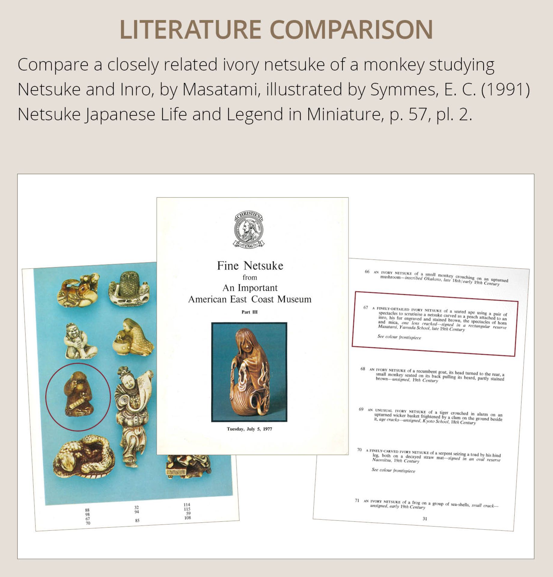 MASATOMO: AN AMUSING IVORY NETSUKE OF A SEATED MONKEY STUDYING A PEACH NETSUKE - Bild 5 aus 15