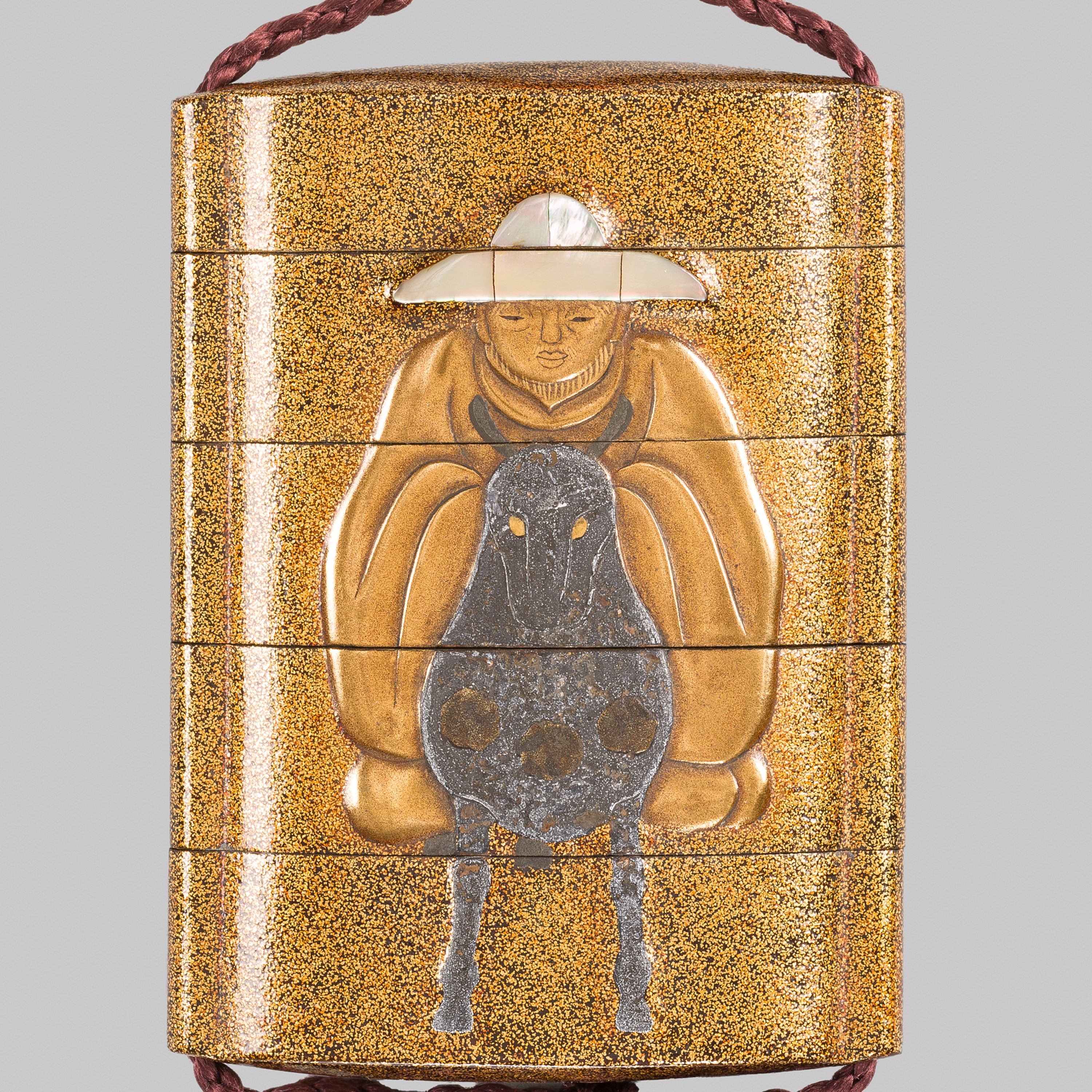 KORIN: A RINPA STYLE LACQUER FOUR-CASE INRO DEPICTING TOBA ON HIS MULE