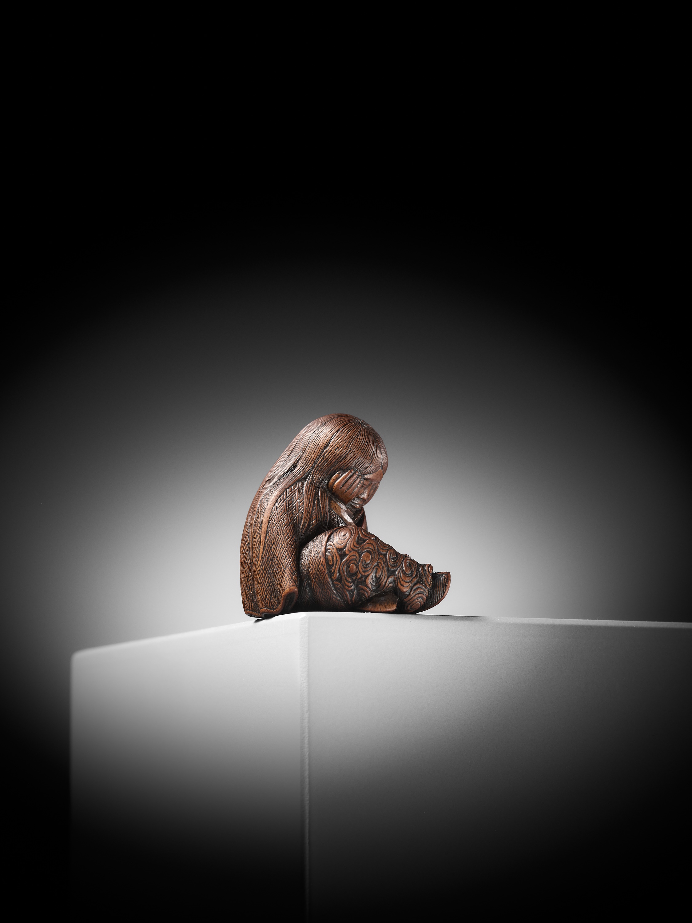 TADATOSHI: A SUPERB NAGOYA SCHOOL WOOD NETSUKE OF A SLEEPING SHOJO - Image 9 of 13