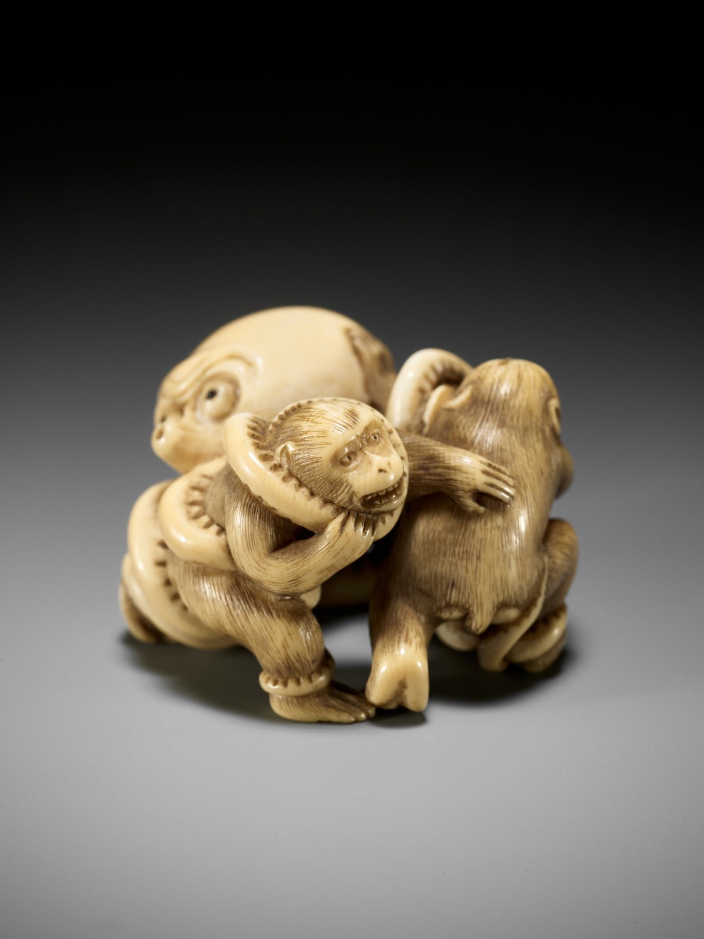 IKKOSAI: A SUPERB IVORY NETSUKE OF TWO MONKEYS FIGHTING AN OCTOPUS - Bild 13 aus 15