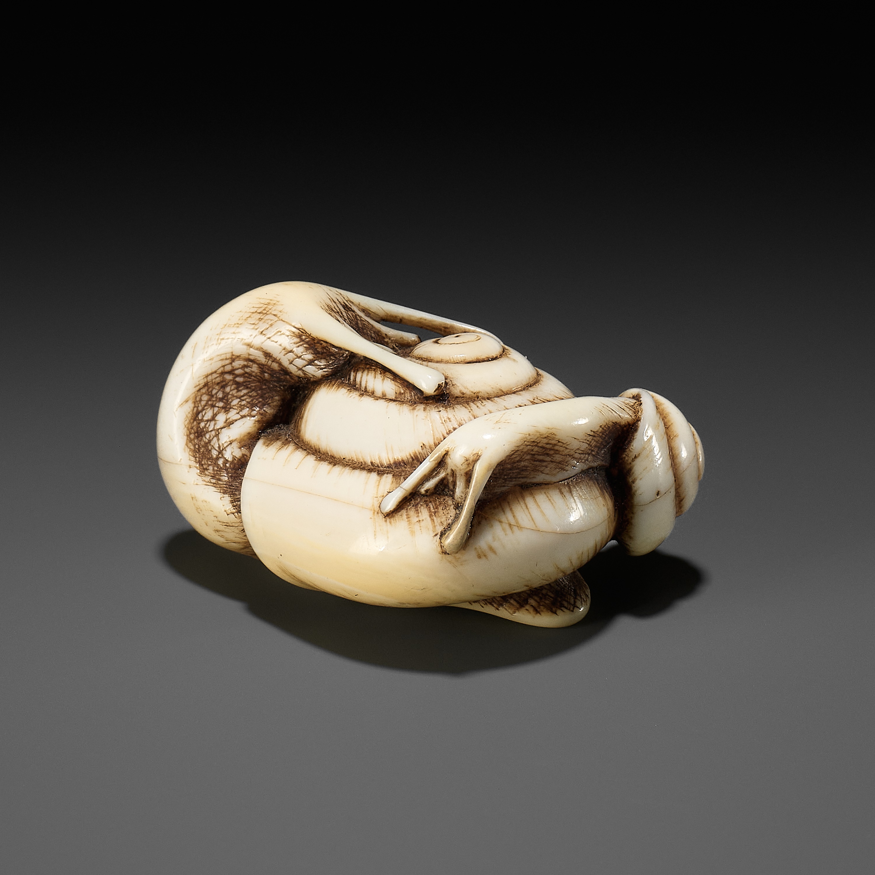 A FINE IVORY NETSUKE DEPICTING A PAIR OF SNAILS