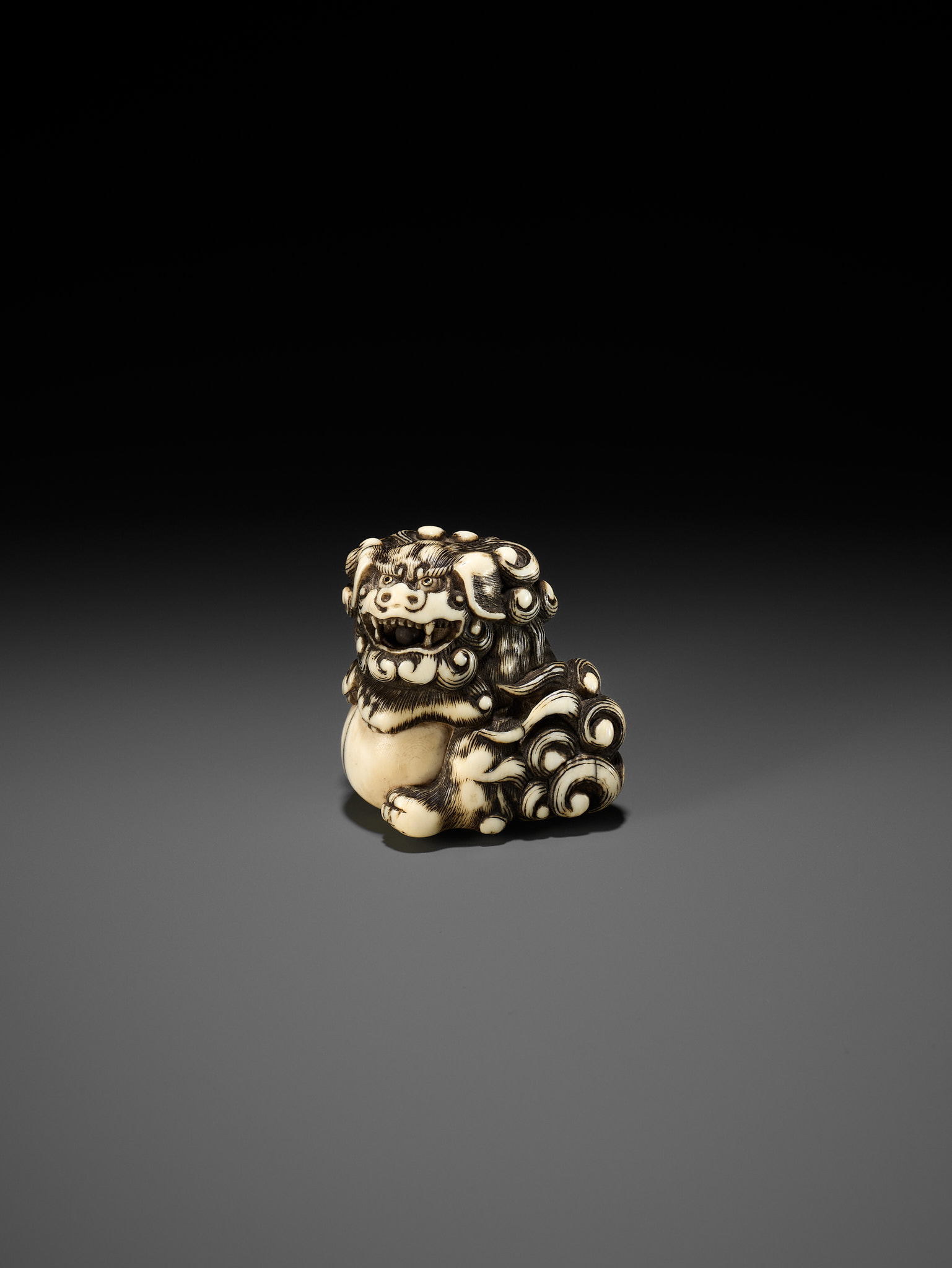 AN IVORY NETSUKE OF A SNARLING SHISHI WITH BALL - Image 8 of 10