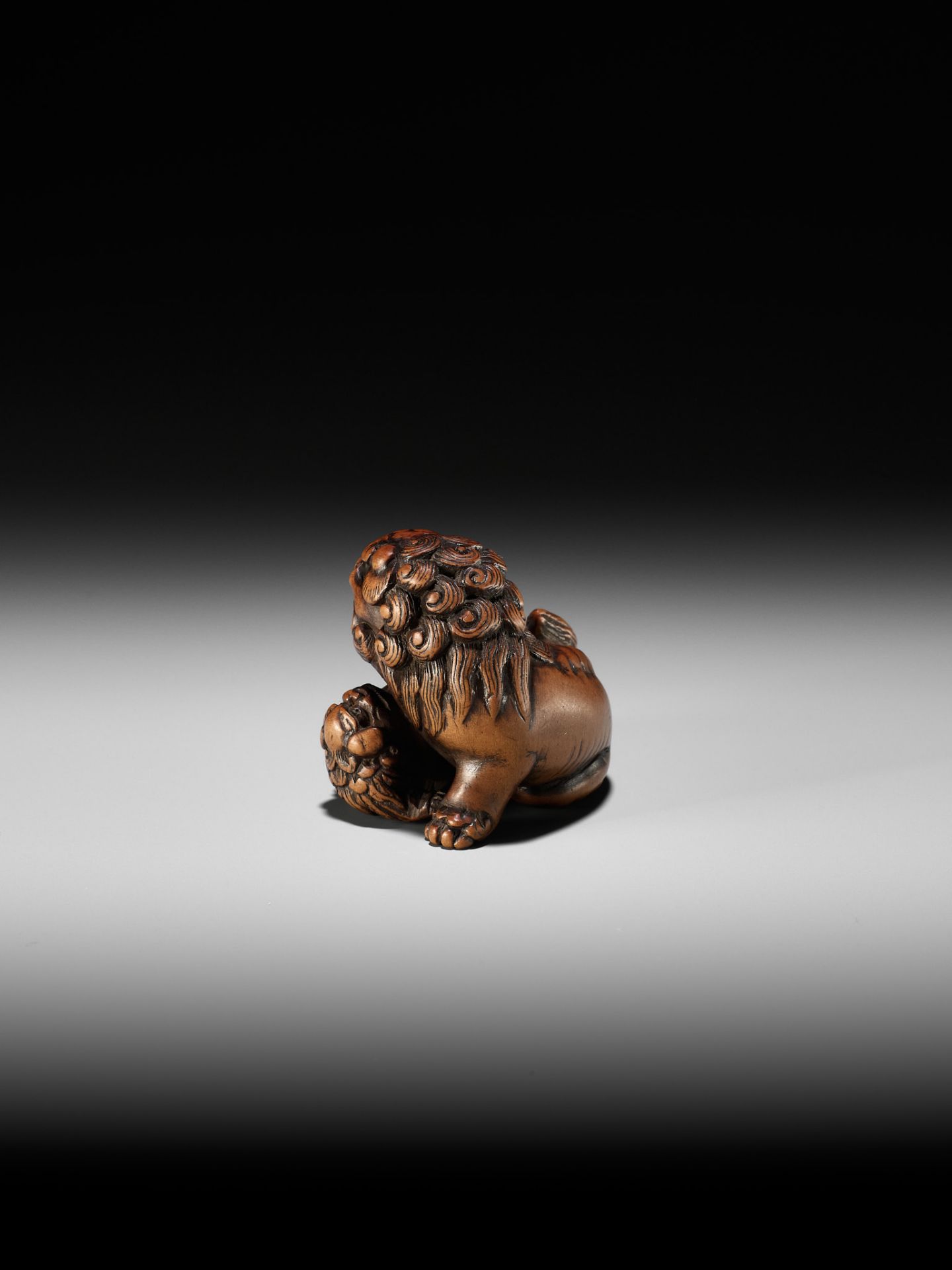 A FINE TANBA SCHOOL WOOD NETSUKE OF A SHISHI WITH YOUNG - Bild 4 aus 10