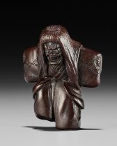 A DRAMATIC WOOD NETSUKE OF A NOH DANCER, ATTRIBUTED TO MIWA