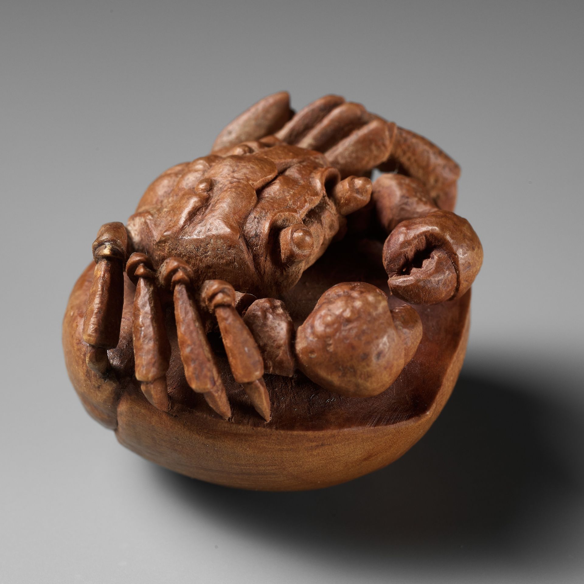 MORITA SOKO: A FINE NETSUKE OF A SAMURAI CRAB (HEIKEGANI) ON A CHESTNUT