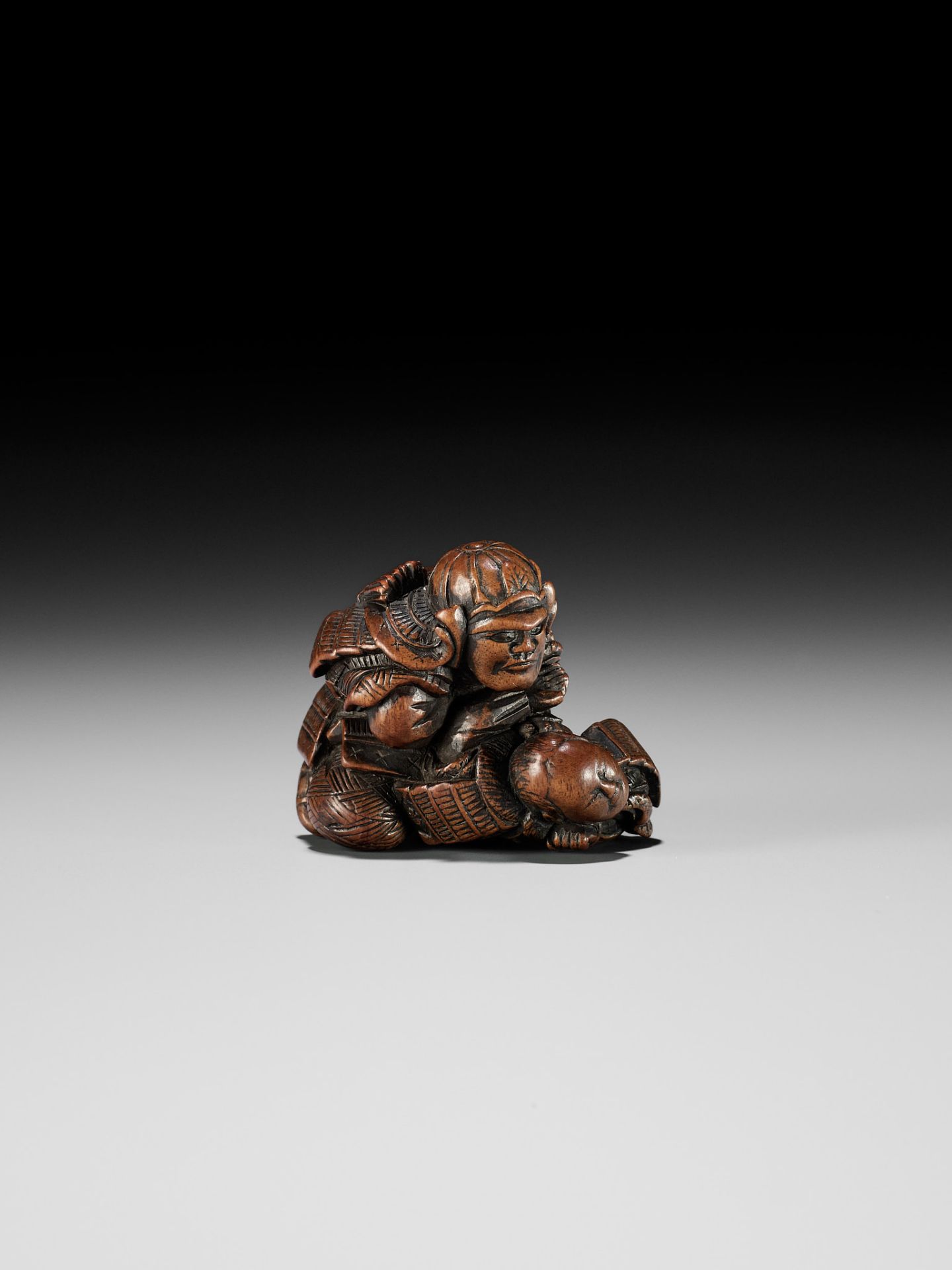 MASATOSHI: A RARE WOOD NETSUKE OF KUMAGAI NAOZANE AND TAIRA ATSUMORI IN COMBAT - Bild 12 aus 15