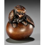 NAITO TOYOMASA: A FINE WOOD NETSUKE OF A HATCHING TENGU (TENGU NO TOMAGO)