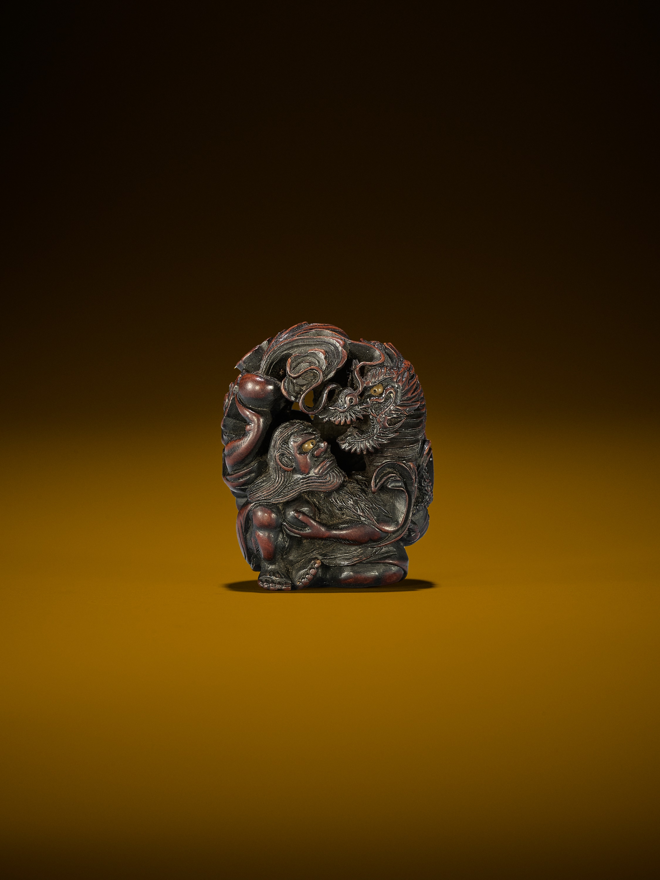 SADAKATA: A SUPERB WOOD NETSUKE OF RAKAN HANDAKA SONJA WITH DRAGON - Image 15 of 15