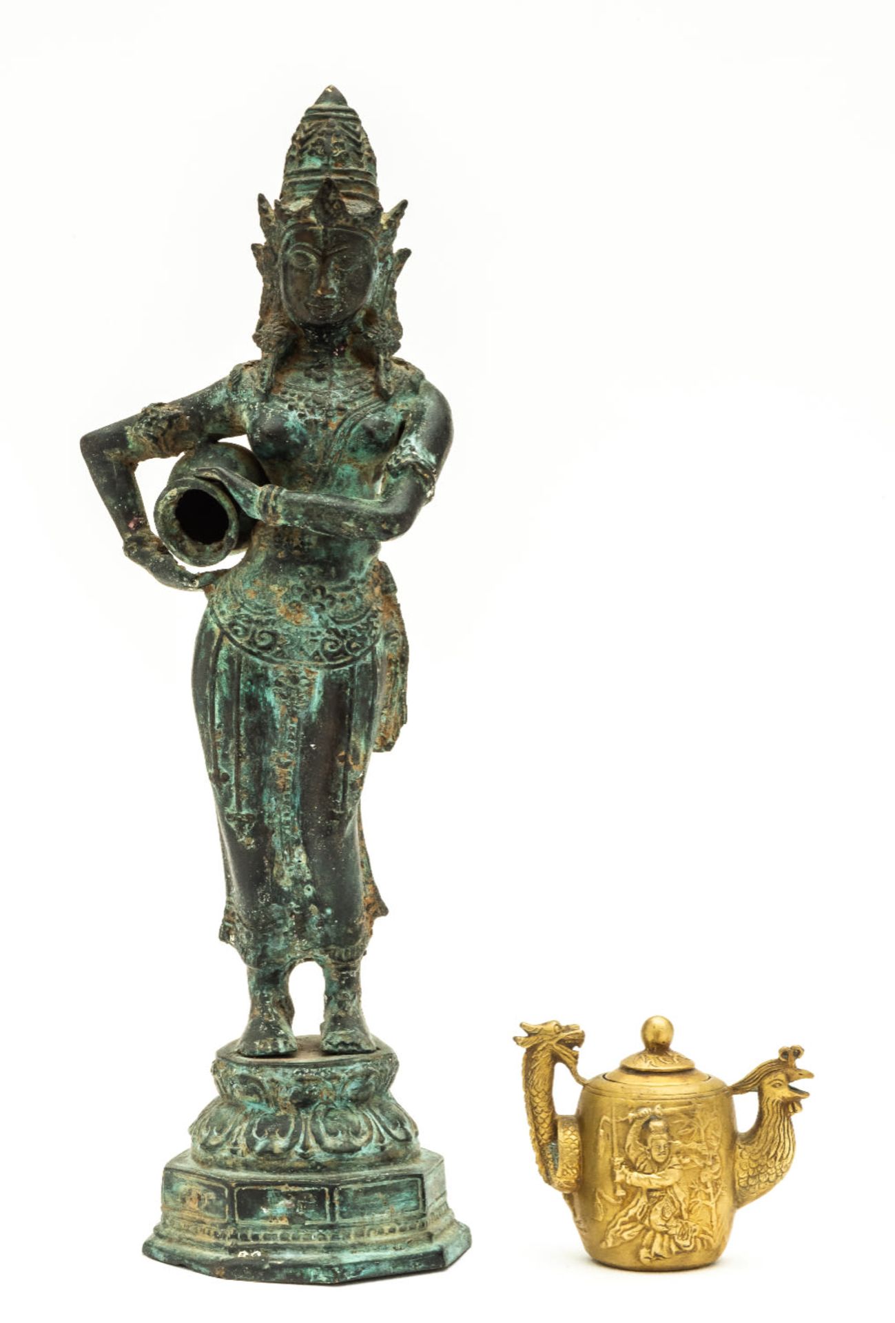 INDIAN FIGURE OF A DEITY AND A CHINESE JUG IN THE FORM OF A ROOSTER