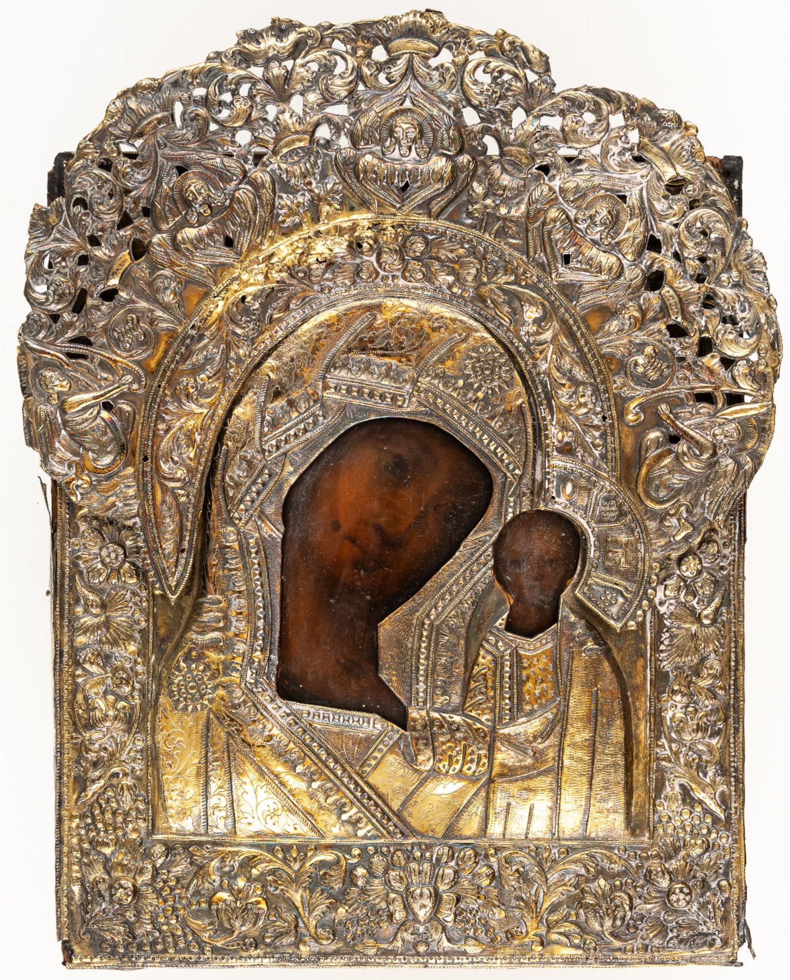 MAGNIFICENT RUSSIAN GILDED SILVER OKLAD ICON SHOWING THE MOTHER OF GOD KASANSKAYA