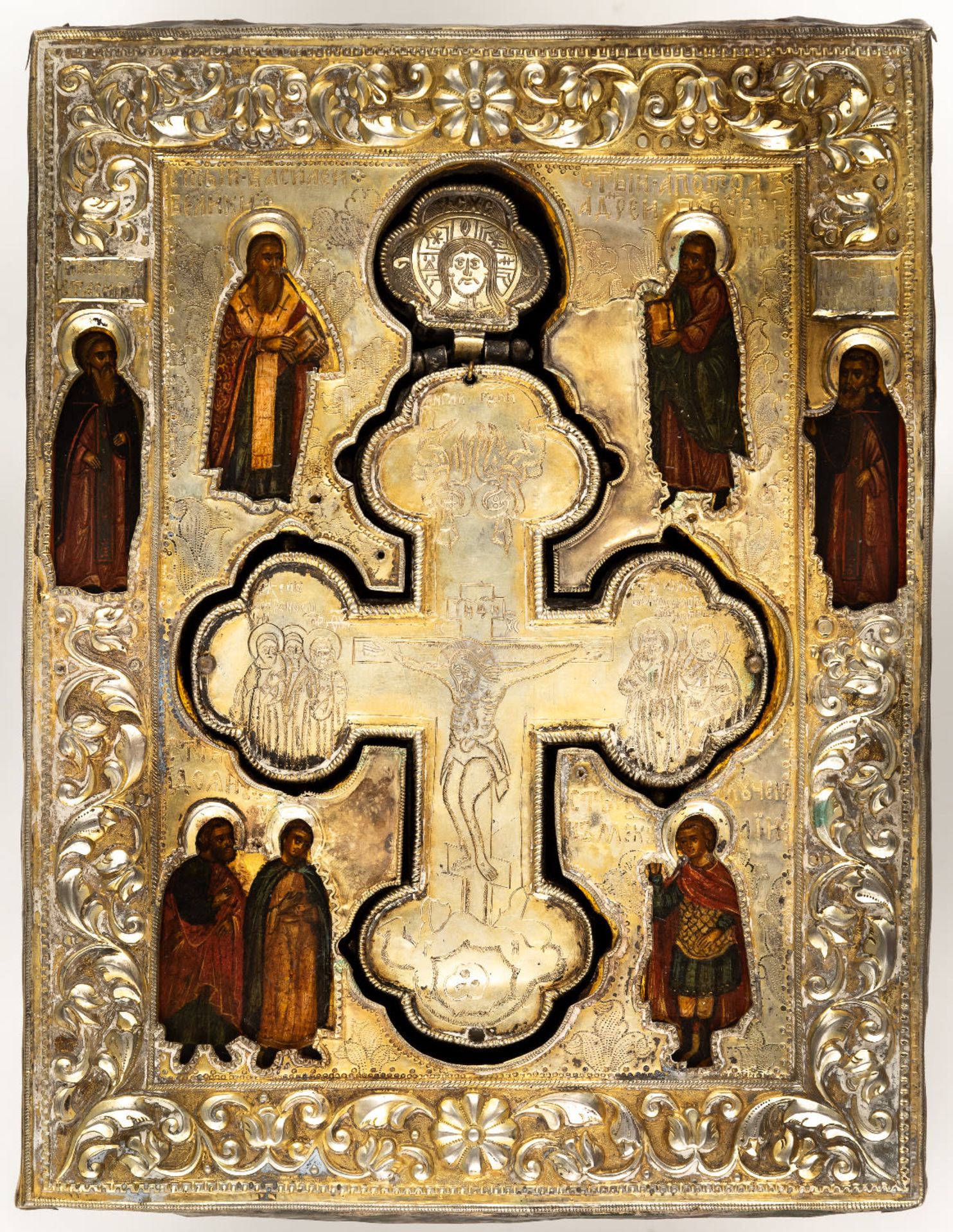 EXTREMELY RARE RELIQUARY ICON WITH SILVER OKLAD AND INSET SILVER CROSS SHOWING THE CRUCIFIXION OF CH