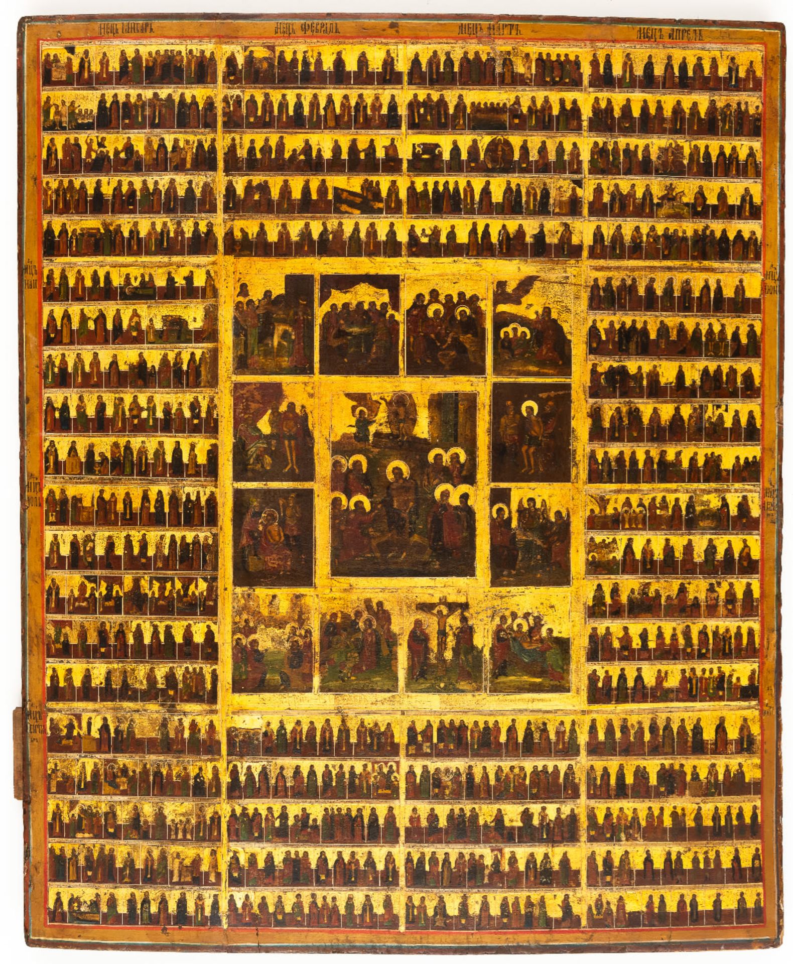 VERY LARGE ICON SHOWING SAINTS AND FEASTS OF THE CHURCH YEAR AND THE PASSION OF CHRIST