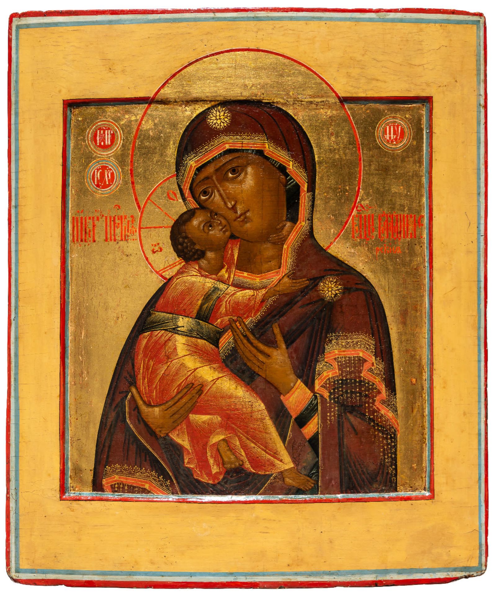 FINELY PAINTED RUSSIAN ICON SHOWING THE MOTHER OF GOD VLADIMIRSKAYA