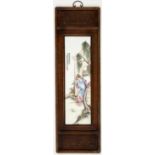 CHINESE WOODEN PANEL WITH FIGURAL SCENE ON PORCELAIN
