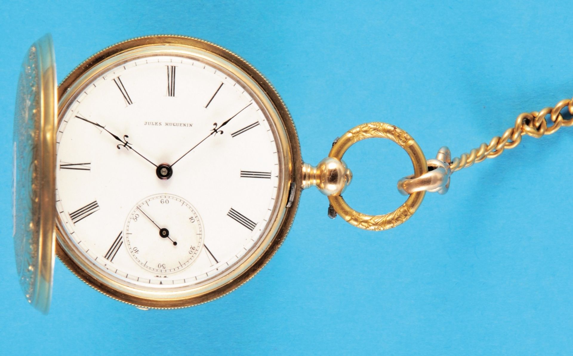 Jules Huguenin, Locle, a small, richly engraved 18 ct. gold pocket watch with keywind and gold-plate