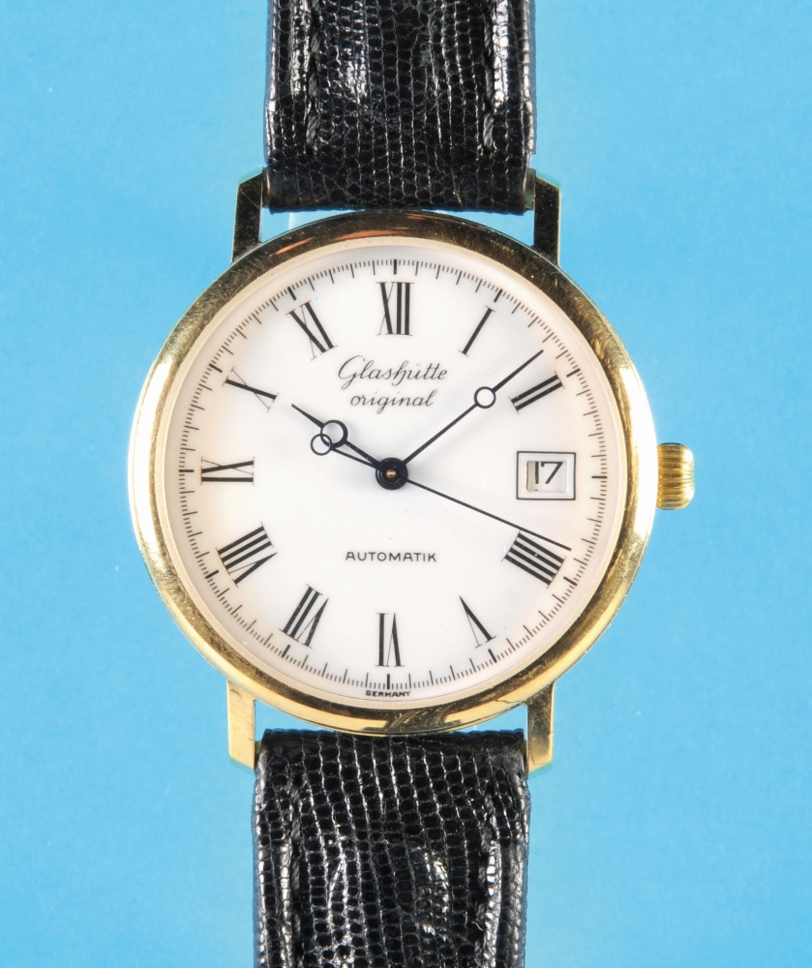 Glashütte Original automatic wristwatch with center seconds and date date, gold-plated case glazed o