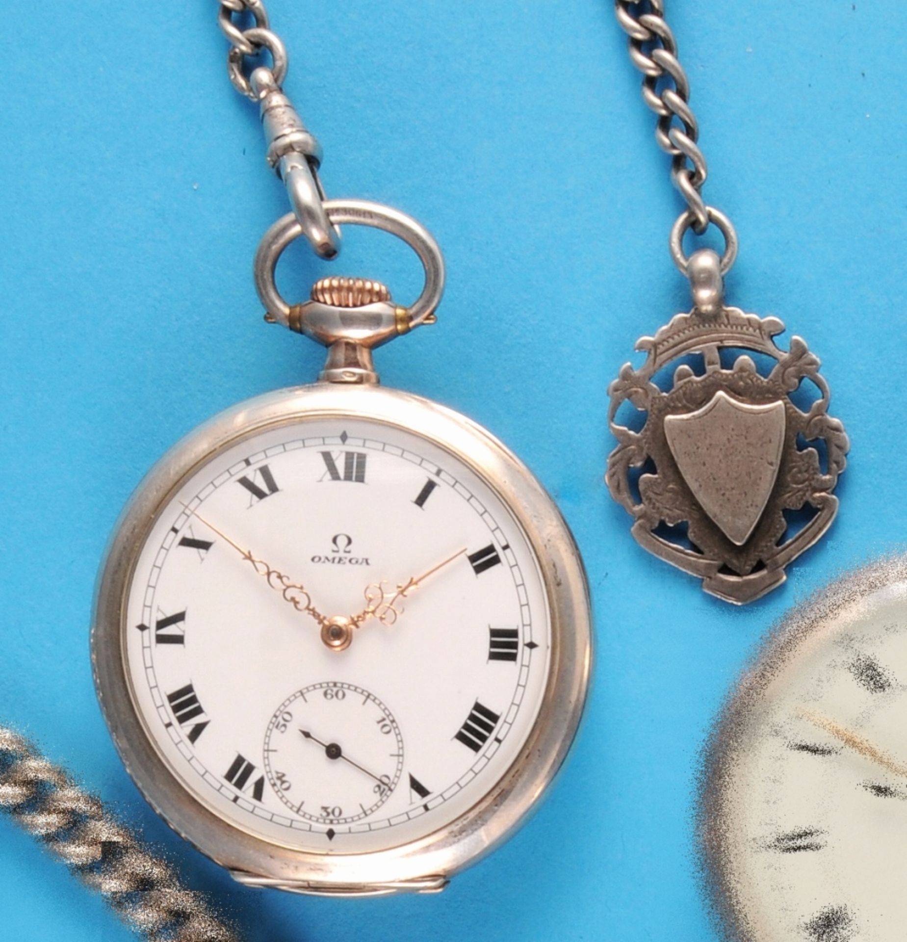 Omega silver pocket watch with silver chain and pendant, cal.Omega 19 LB, circa 1924,