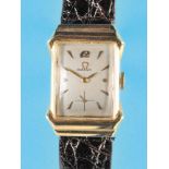 Omega, rectangular gold wristwatch, 14 ct., cal. 302, ca. 1951, silver-plated Dial with gold-plated