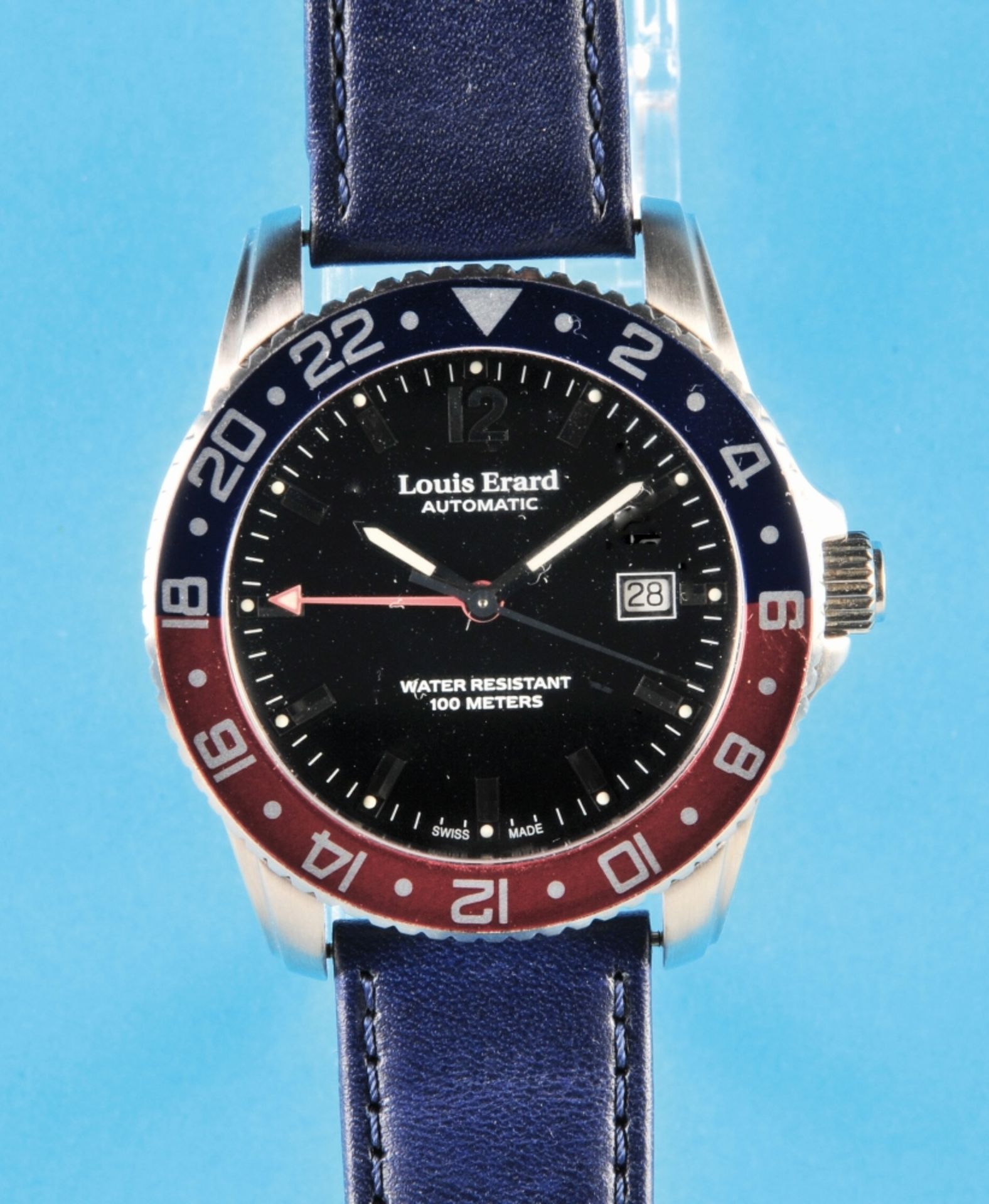 Louis Erard, large automatic wristwatch with 24-hour Pepsi rotating bezel, date, center seconds, add