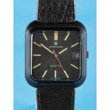 Junghans Quartz, square, black wristwatch with center second hand and date, steel pressure back,