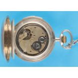 Pegasus, large, engraved silver pocket watch with ¼-repeater and pocket watch chain with key,