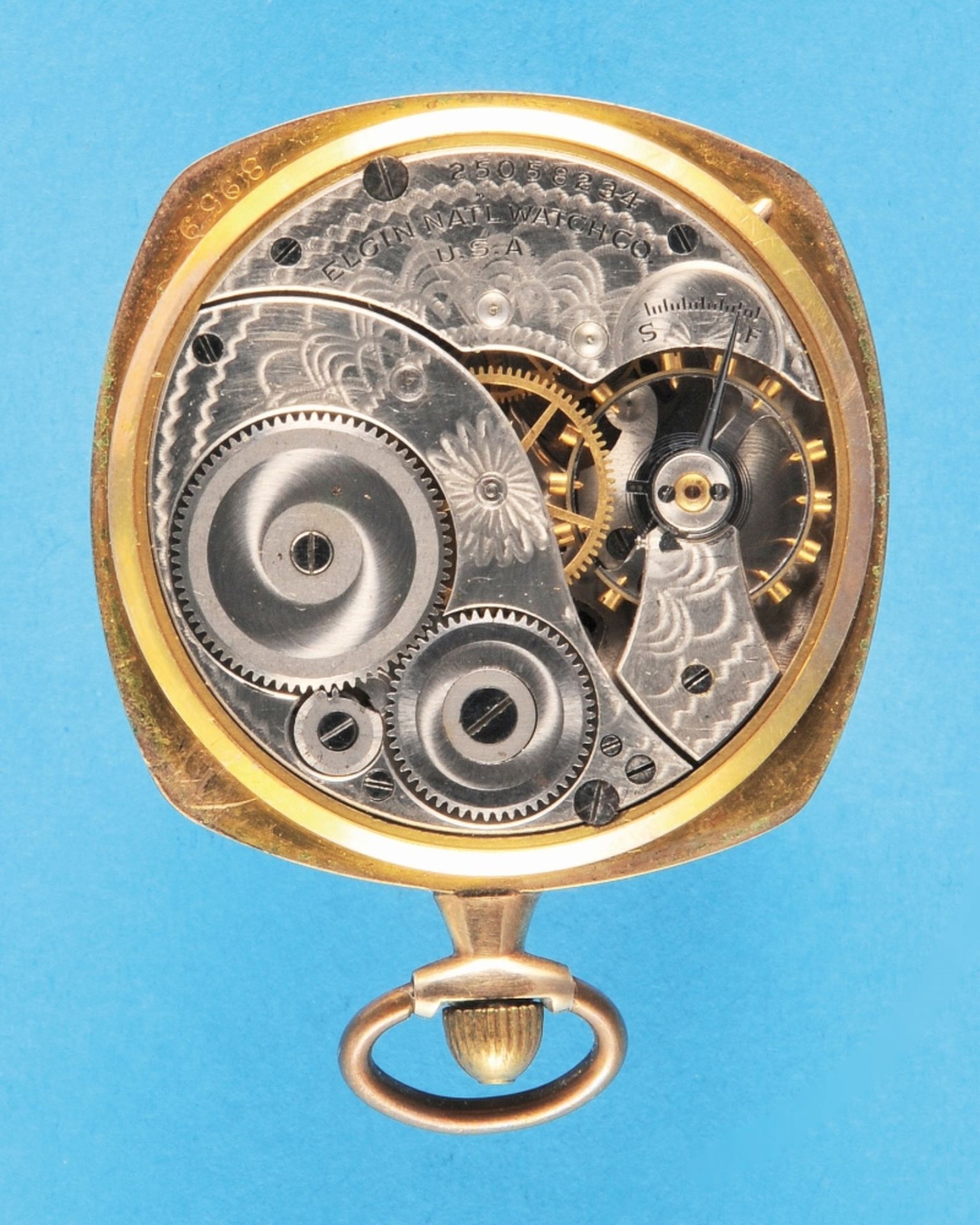 Elgin, square, engraved, gilt pocket watch, deeply engraved bezel