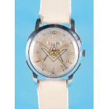 Masonic wristwatch with central second hand and calendar, case with steel case back, silver-plated d