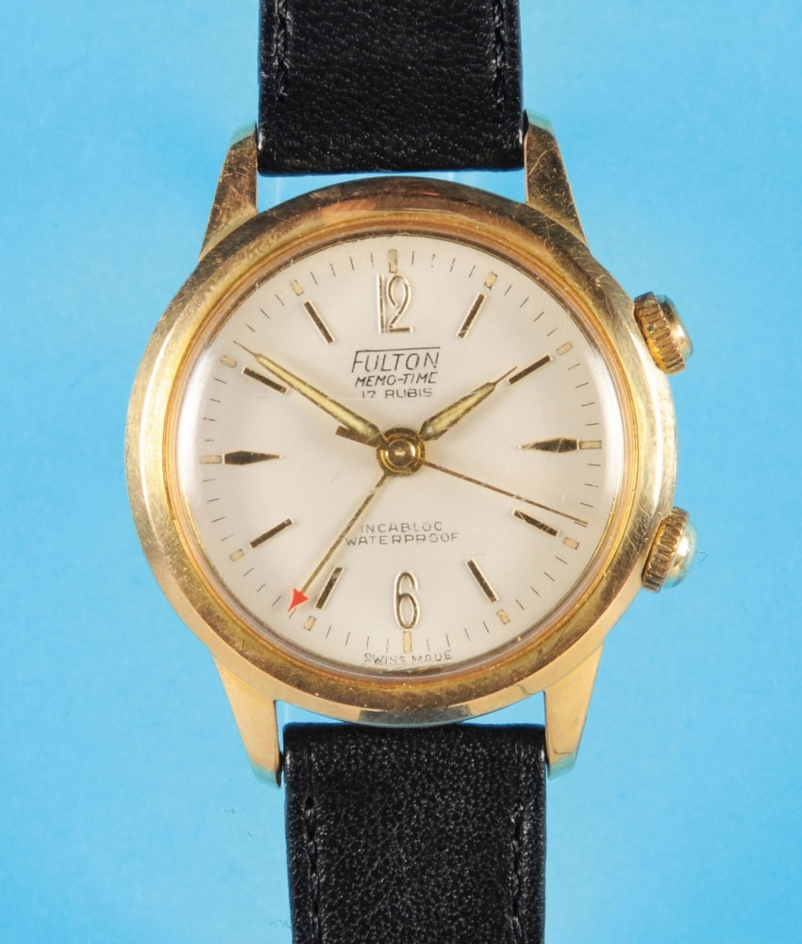 Fulton-Memo-Time wristwatch with center seconds and alarm, cal. AS 1475, gold-plated case with stee