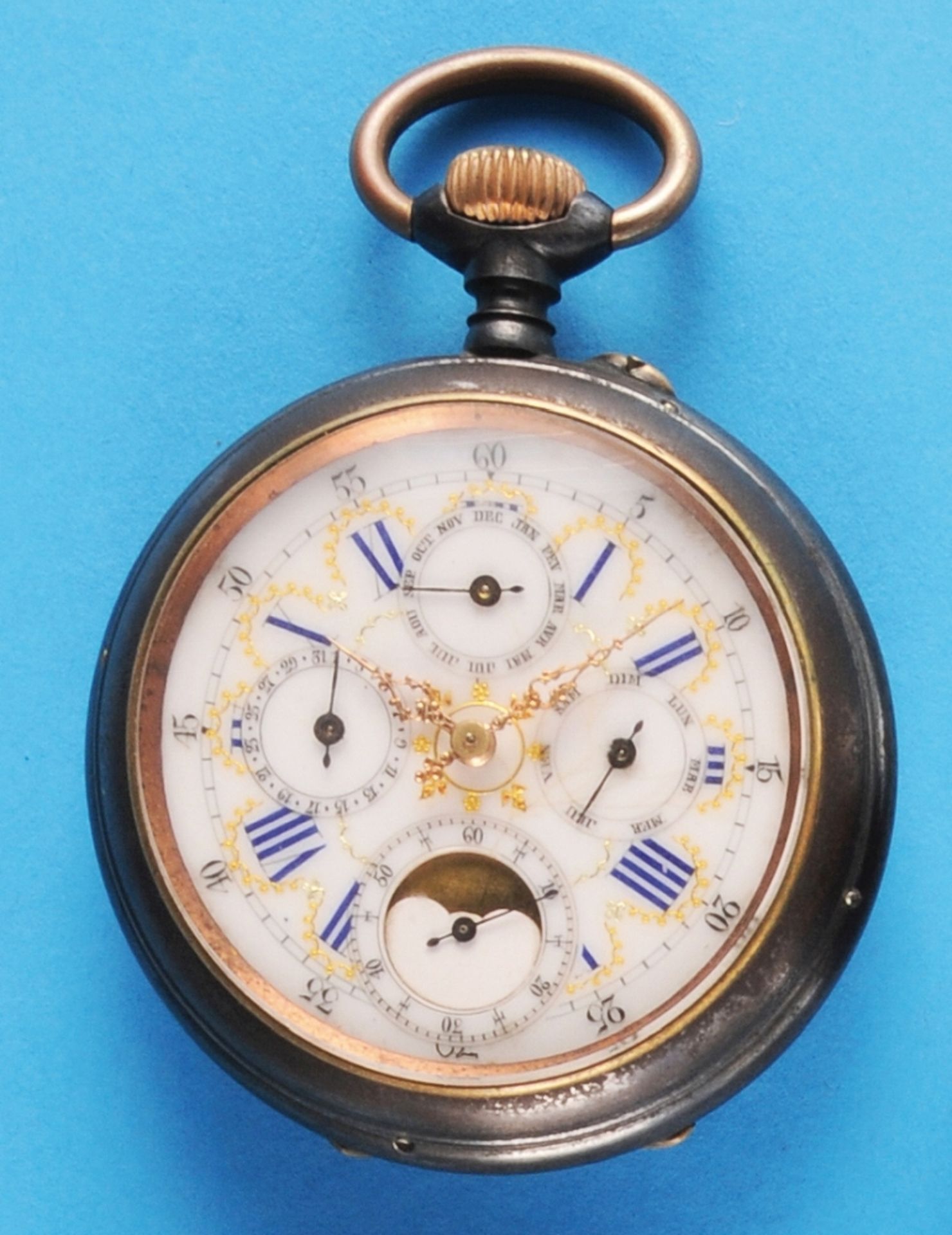 Large metal pocket watch with moon phase calendar, smooth, burnished case,