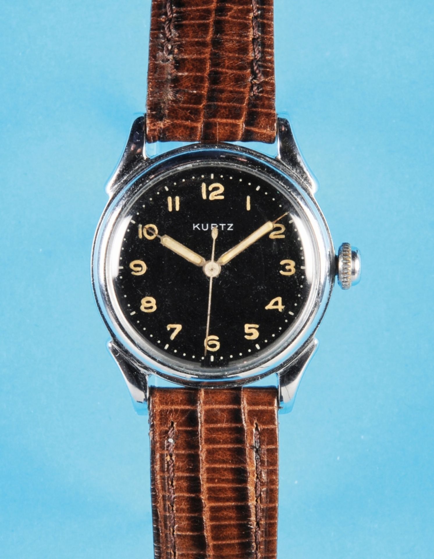 Kurtz, Glashütte and Schwäbisch Gmünd, cal. 25, circa 1950, Steel wristwatch with center second han