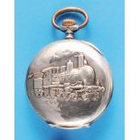 Recta motif clock with depiction of a steam locomotive, reliefed 800 silver case with artist's signa