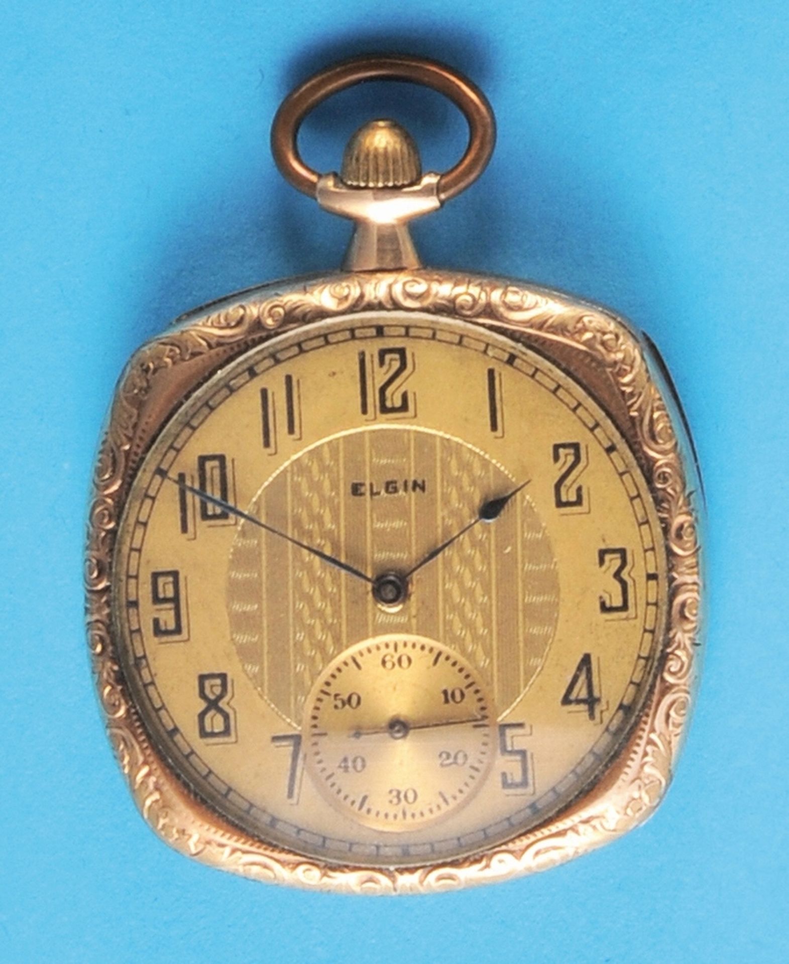 Elgin, square, engraved, gilt pocket watch, deeply engraved bezel - Bild 2 aus 2
