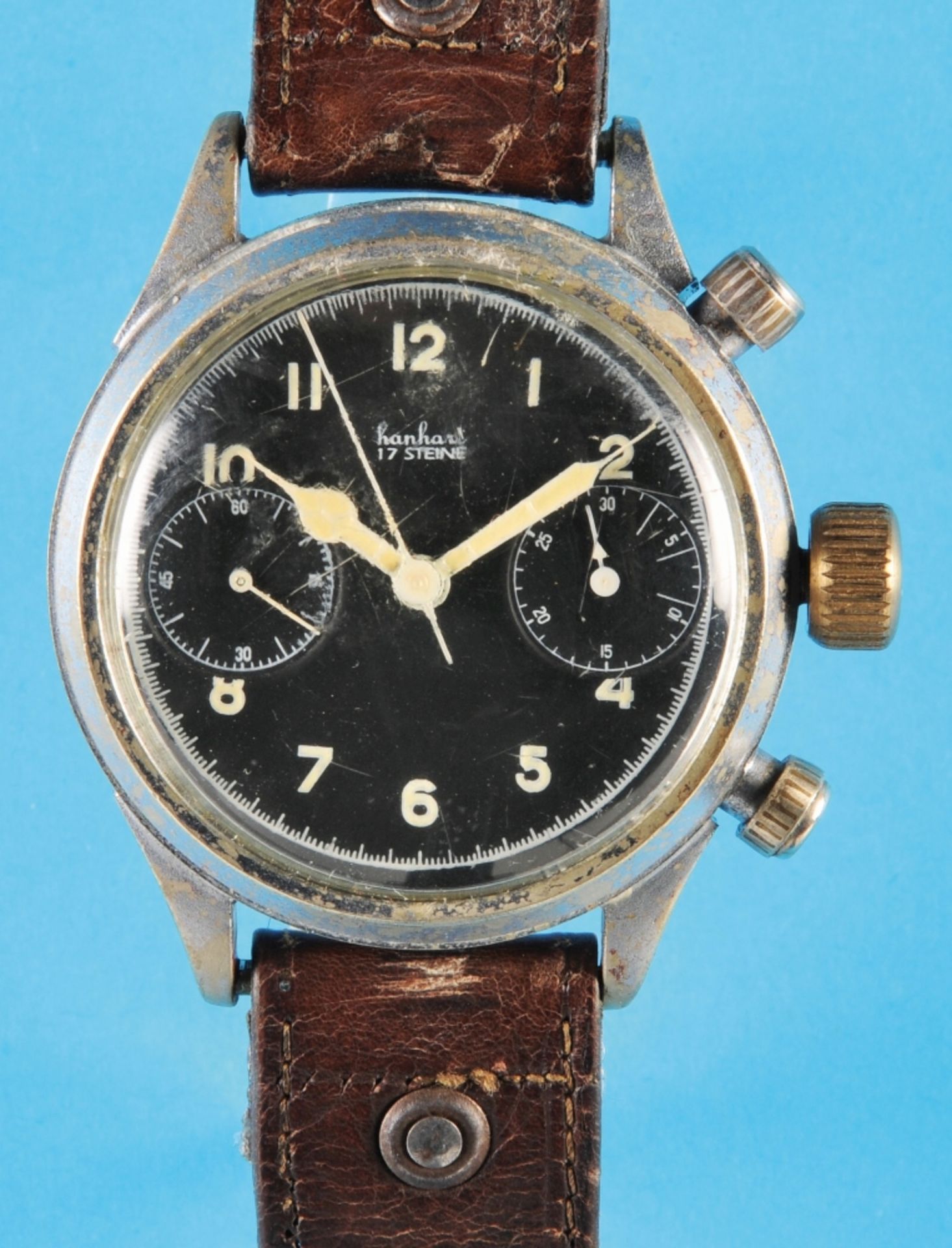 Hanhart pilot's wristwatch chronograph, WW2, 1940s, gray matted case (rubbed), with screw-down stain