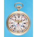 Sandoz metal pocket watch with agricultural decor featuring a farm and cows at the trough,