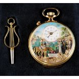 Reuge music pocket watch with alarm, automaton and musical movement, gold-plated case, can be opened