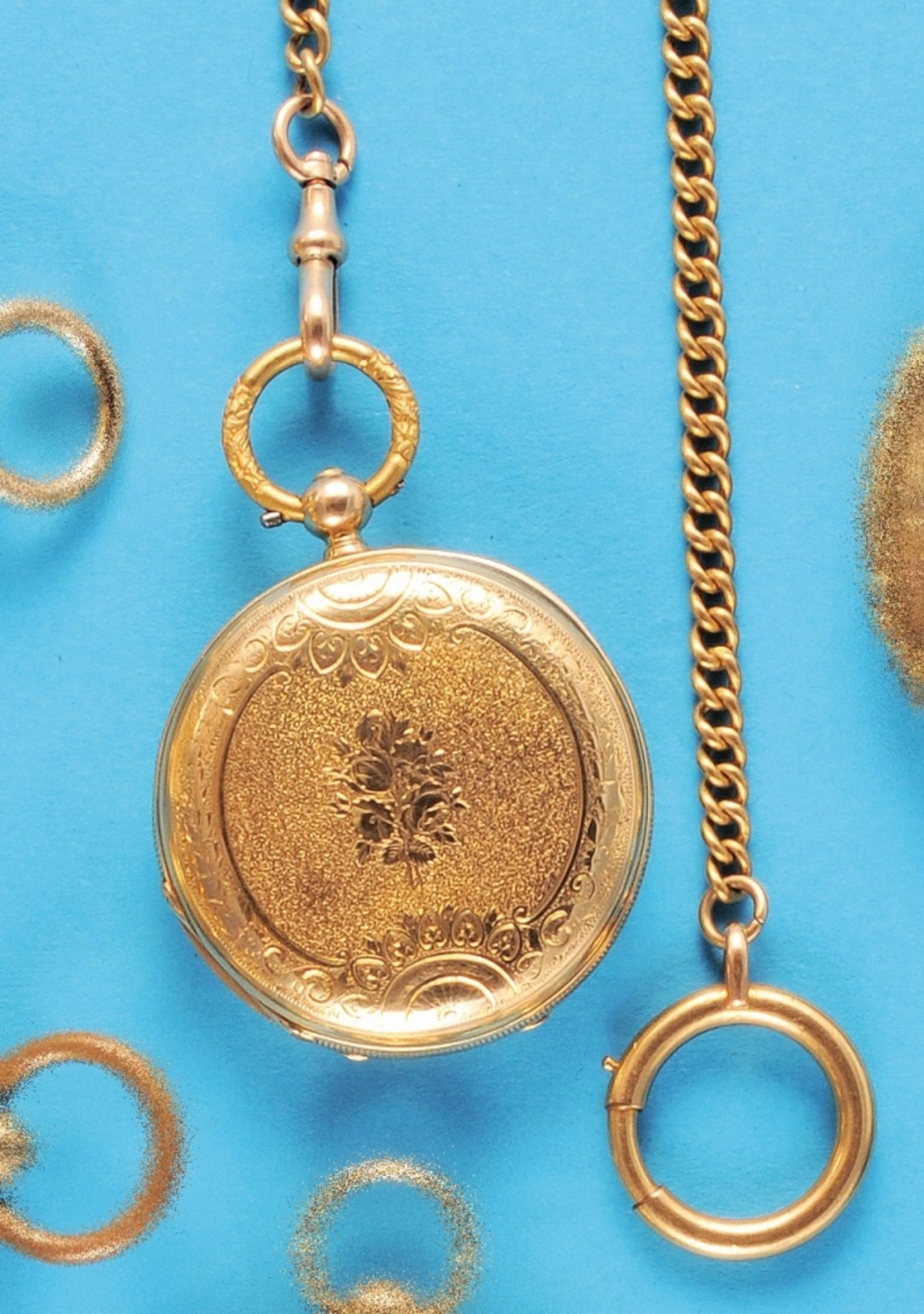Jules Huguenin, Locle, a small, richly engraved 18 ct. gold pocket watch with keywind and gold-plate - Bild 2 aus 2